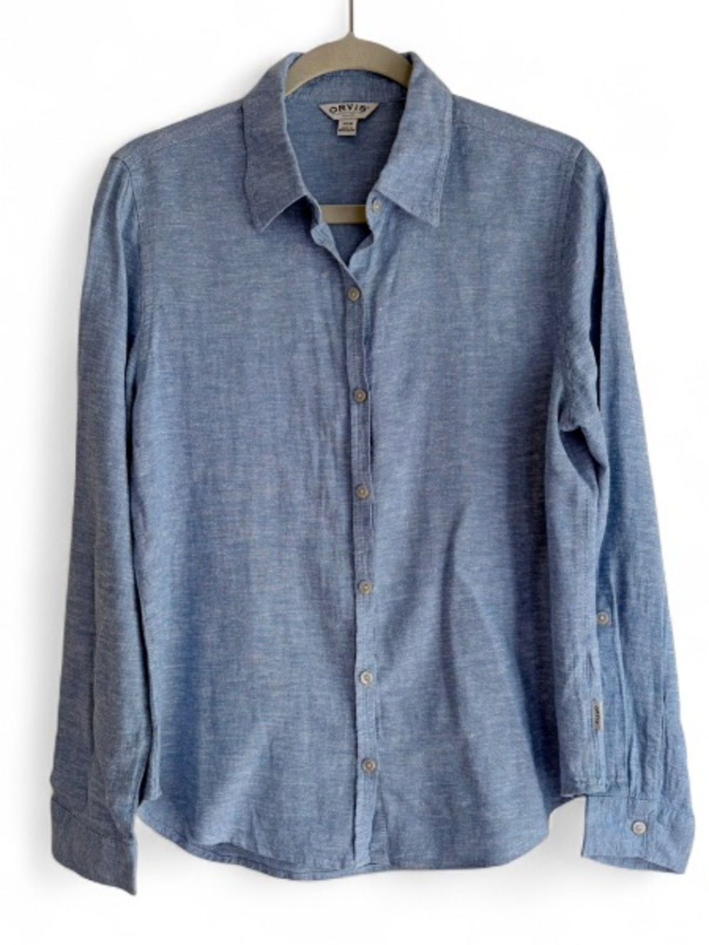 Orvis Women's Blue Linen Blend Button Down Long Sleeve Shirt Size S